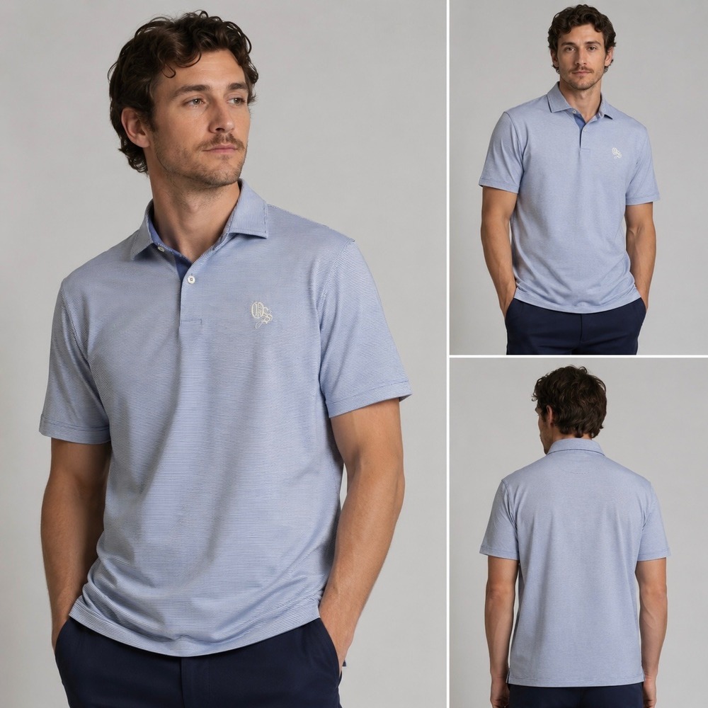 F&G Tech Mens Golf Polo‎ Shirt Large Blue White Micro Stripe Performance